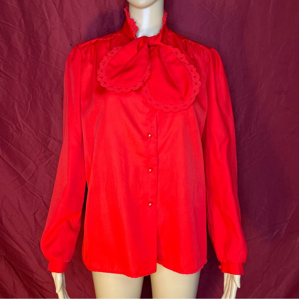 Vintage Elegant Brian Michelle Red Bow High Neck Puffed Sleeve Blouse Size 14